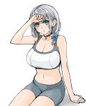  bangs bike_shorts black_choker blue_bow bow braid breasts choker cleavage collarbone green_eyes grey_hair grey_shorts hair_behind_ear hair_bow highres hololive large_breasts medium_hair midriff navel open_mouth sazare_(sazare_az) shirogane_noel shorts sitting sports_bra virtual_youtuber white_background wiping_forehead 