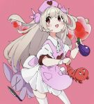  1girl apron bangs blush bunny_hair_ornament dress eggplant eyebrows_visible_through_hair fang grey_hair hair_ornament hat heart highres holding knife long_hair natori_sana nurse_cap ocha_(popopogg) open_mouth pink_apron pink_background red_eyes sana_channel short_sleeves shrimp simple_background skin_fang solo stuffed_animal stuffed_bunny stuffed_toy thighhighs two_side_up virtual_youtuber white_dress white_legwear 