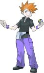 1boy bangs black_footwear black_shirt blue_oak closed_mouth collared_shirt fanny_pack full_body grey_bag hands_up highres holding holding_poke_ball jewelry male_focus necklace official_art orange_hair pants poke_ball pokemon pokemon_(game) pokemon_frlg purple_pants shirt shoes short_hair short_sleeves smile solo spiked_hair standing sugimori_ken transparent_background ultra_ball wristband 