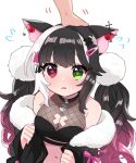  1girl animal_ears bangs black_hair commission dip-dyed_hair eyebrows_visible_through_hair green_eyes hair_ornament hairclip indie_virtual_youtuber long_hair pink_hair pom_pom_(clothes) pom_pom_hair_ornament qiu_yue_(vtuber) red_eyes saito_katuo solo white_background white_hair x_hair_ornament 