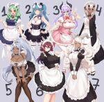  6+girls :d :o arm_under_breasts bangs black_eyes black_legwear black_ribbon black_sclera blue_hair breasts brown_hair cleavage cleavage_cutout clothing_cutout colored_sclera commentary curly_hair dark-skinned_female dark_skin detached_sleeves english_commentary eyebrows_visible_through_hair frills green_hair grey_background grey_hair hair_between_eyes hair_ribbon hand_on_hip hands_on_own_knees highres horns iwbitu-sa juliet_sleeves large_breasts leg_garter long_sleeves looking_at_viewer low_twintails maid maid_headdress medium_breasts multiple_girls open_mouth original outline pink_eyes pointy_ears puffy_detached_sleeves puffy_short_sleeves puffy_sleeves purple_hair red_eyes ribbon short_sleeves simple_background single_horn small_breasts smile thighhighs twintails v_arms wa_maid white_hair white_legwear white_outline wide_sleeves wrist_cuffs yellow_eyes 