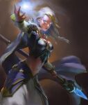  1girl absurdres blonde_hair blue_eyes breasts cape cleavage floating_hair grey_cape highres holding holding_staff jaina_proudmoore long_hair long_skirt long_sleeves magic medium_breasts midriff multicolored_hair navel open_mouth silver_hair skirt solo staff standing stomach two-tone_hair warcraft white_skirt xiaofei_syrup 