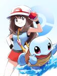  1girl ayo_(ayosanri009) bag bangs between_breasts black_wristband blue_shirt breasts brown_eyes brown_hair bucket_hat closed_mouth commentary_request gen_1_pokemon hair_between_eyes hand_on_hip hat holding holding_poke_ball leaf_(pokemon) long_hair looking_at_viewer messenger_bag poke_ball poke_ball_(basic) pokemon pokemon_(creature) pokemon_(game) pokemon_frlg red_skirt shirt shoulder_bag skirt sleeveless sleeveless_shirt smile squirtle starter_pokemon strap_between_breasts vs_seeker water white_headwear wristband yellow_bag 