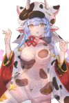  1girl :o animal_ears aqua_hair blush breasts cleavage commentary_request cow_ears cow_hat detached_sleeves ear_piercing eyebrows_visible_through_hair granblue_fantasy highres long_hair long_sleeves multicolored_hair patterned_clothing piercing pink_eyes purple_hair see-through shatola_(granblue_fantasy) shorts solo streaked_hair sylnice thighhighs unbuttoned_shorts white_legwear 