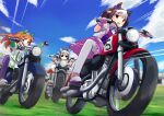  3girls animal_ears bangs blunt_bangs brown_hair brown_headwear commentary ear_bow gloves gold_ship_(umamusume) green_eyes grey_hair ground_vehicle harley_davidson horse_ears horse_girl kakizaki_(chou_neji) long_hair motor_vehicle motorcycle multicolored_hair multiple_girls on_motorcycle open_mouth orange_hair outdoors pillbox_hat purple_eyes purple_gloves purple_legwear racetrack riding silence_suzuka_(umamusume) skirt special_week_(umamusume) sunglasses thighhighs two-tone_hair umamusume white_gloves white_hair white_legwear white_skirt 