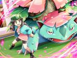  1girl ayo_(ayosanri009) bike_shorts brown_eyes brown_hair bucket_hat buttons camouflage camouflage_headwear clenched_hands commentary_request day eyelashes gen_1_pokemon green_jacket hair_flaps hat jacket leaf_(pokemon) legs_apart long_hair long_sleeves mega_pokemon mega_venusaur official_alternate_costume open_clothes open_jacket open_mouth oversized_clothes oversized_shirt petals pink_shirt pokemon pokemon_(creature) pokemon_(game) pokemon_masters_ex shirt shoes smile sparkle stadium standing tongue upper_teeth venusaur 