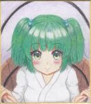  1girl :&gt; bangs blunt_bangs blush breasts bucket closed_mouth colored_pencil_(medium) commentary_request eyebrows_visible_through_hair green_eyes green_hair grey_background hair_bobbles hair_ornament highres in_bucket in_container kisume light_smile looking_at_viewer luke_(kyeftss) medium_breasts short_hair simple_background solo touhou traditional_media two_side_up upper_body white_robe 