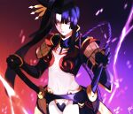  1girl absurdres bangs black_hair fate/grand_order fate_(series) highres katana moedredd multicolored_eyes navel parted_bangs solo sword taira_no_kagekiyo_(fate) ushiwakamaru_(fate) weapon 