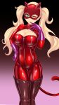  1girl blonde_hair blue_eyes bodysuit earrings gloves highres ibusuki jewelry latex_bodysuit long_hair mask one_eye_closed persona persona_5 persona_5_the_royal pink_gloves red_bodysuit smile solo standing tail takamaki_anne twintails 