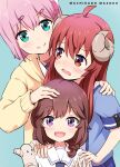  3girls ahoge asou_(asabu202) blue_background blue_eyes blush brown_hair chiyoda_momo copyright_name hair_ornament hairclip highres hood hoodie horns long_hair long_sleeves looking_at_another looking_at_viewer machikado_mazoku multiple_girls open_mouth pink_hair purple_eyes red_eyes red_hair shirt short_hair short_sleeves skirt smile yoshida_ryouko yoshida_yuuko_(machikado_mazoku) 