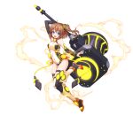  1girl arm_up bangs black_legwear black_sleeves blue_eyes breasts brown_hair covered_navel detached_sleeves floating_hair full_body game_cg hair_between_eyes holding holding_weapon leotard long_hair medium_breasts official_art orange_footwear raikubo_kana shiny shiny_hair side_ponytail solo sora_no_kanata_no_dystopia_x_shitei thighhighs transparent_background weapon yellow_leotard 