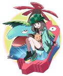  1girl :d ayo_(ayosanri009) bike_shorts brown_hair bucket_hat buttons camouflage camouflage_headwear commentary_request eevee eyelashes gen_1_pokemon green_headwear green_jacket hair_flaps hat headpat holding holding_poke_ball holding_pokemon jacket knees leaf_(pokemon) long_hair long_sleeves open_clothes open_jacket open_mouth oversized_clothes oversized_shirt pink_shirt poke_ball poke_ball_(basic) pokemon pokemon_(creature) pokemon_(game) pokemon_masters_ex poryphone shirt shoes sitting smile tongue venusaur yellow_eyes 