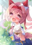  1girl animal_ears blue_overalls blush bow commentary flower-shaped_pupils flower_in_eye food food_on_face from_side hair_bow hair_intakes haru_urara_(umamusume) headband highres horse_ears horse_girl horse_tail ice_cream ice_cream_cone long_hair looking_at_viewer nyahu_(nyahu_77) open_mouth outdoors outstretched_hand overalls pink_eyes pink_hair pink_shirt ponytail pov ribbon shirt short_sleeves smile soft_serve solo symbol-shaped_pupils symbol_in_eye tail umamusume upper_body 