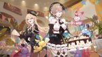  2girls :d alcohol artist_request bare_shoulders bianka_durandal_ataegina bianka_durandal_ataegina_(valkyrie_gloria) black_dress black_gloves blonde_hair blue_eyes box breasts brown_hair cake closed_mouth cup dress drinking_glass food gift gift_box gloves hair_between_eyes hair_ornament hair_over_one_eye hands_together hat highres holding homei_(honkai_impact) homi_(honkai_impact) homu_(honkai_impact) honkai_(series) honkai_impact_3rd indoors long_hair long_sleeves maid military military_hat military_uniform multiple_girls open_mouth plant purple_eyes rita_rossweisse short_hair sleeves_rolled_up smile table uniform window wine wine_glass 