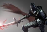  1other abyss_watcher armor cape dark_souls_iii fighting_stance helmet holding holding_sword holding_weapon knight miso_katsu pants red_cape solo souls_(series) sword weapon 