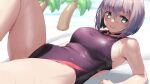  1girl breasts commentary_request competition_swimsuit cowboy_shot ermina_(iris_mysteria) green_eyes grey_hair highres iris_mysteria jonsun looking_at_viewer medium_breasts one-piece_swimsuit purple_swimsuit short_hair solo swimsuit 