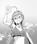  1girl ahoge bikini braid cloud crown_braid frilled_bikini frills glasses greyscale highres kantai_collection looking_at_viewer makigumo_(kancolle) monochrome remodel_(kantai_collection) semi-rimless_eyewear shirouri sky solo swimsuit twintails under-rim_eyewear upper_body waving 