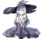  1girl absurdres bangs black_jacket blue_eyes blue_skirt blush braid commentary_request elaina_(majo_no_tabitabi) emimeku hat highres jacket long_hair looking_at_viewer majo_no_tabitabi neck_ribbon ribbon silver_hair skirt solo white_background witch_hat yellow_ribbon 