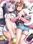  2girls :3 :d ahoge animal_ear_fluff animal_ears animal_hood arm_up bangs bare_legs black_cardigan black_collar black_shirt blue_shorts blush bow breasts breasts_apart brown_hair cardigan cat_ears cat_girl cat_tail closed_mouth collar collared_shirt commentary_request dog_ears eyebrows_visible_through_hair hair_between_eyes hair_bow hair_ornament hairband hand_on_another&#039;s_shoulder hand_on_another&#039;s_stomach highres hololive hood hood_down inugami_korone jacket kito_koruta long_hair looking_at_viewer lying medium_breasts multiple_girls nekomata_okayu nintendo_switch on_back on_bed on_stomach open_cardigan open_clothes open_jacket open_mouth partially_unbuttoned pink_bow pink_hairband pink_jacket pom_pom_(clothes) pom_pom_hair_ornament print_shirt purple_eyes purple_hair shirt short_shorts shorts signature slippers slippers_removed smile tail thigh_strap virtual_youtuber white_shirt yellow_footwear 