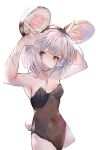  1girl animal animal_ears arms_up bangs bare_arms bare_shoulders black_hairband black_leotard blush breast_padding breasts brown_eyes bunny_pose bunny_tail closed_mouth collarbone commentary_request covered_navel cropped_legs eyebrows_visible_through_hair granblue_fantasy groin hairband highres leotard looking_at_viewer mouse mouse_ears simple_background small_breasts solo tail tota_(sizukurubiks) vikala_(granblue_fantasy) white_background white_hair 