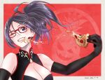  1girl black_gloves breasts cleavage cleavage_cutout clothing_cutout eating elbow_gloves english_commentary food glasses gloves hair_between_eyes highres holding holding_food holding_pizza indie_virtual_youtuber kivo kson medium_breasts mole mole_under_eye one_eye_closed pizza purple_eyes solo tied_hair virtual_youtuber 