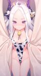  1girl ahoge animal_ears animal_print bell blue_archive blush breasts collarbone commentary_request cow_print cowbell curtains fake_animal_ears forehead headband highres hina_(blue_archive) long_hair looking_at_viewer nishiki_koi purple_eyes silver_hair small_breasts solo tears 
