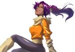  1girl black_pants bleach brown_scarf dark-skinned_female dark_skin looking_at_viewer looking_to_the_side orange_shirt pants ponytail purple_hair scarf shihouin_yoruichi shirt simple_background sitting solo soraao0322 white_background yellow_eyes 