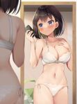  1girl ass bangs bare_arms bare_shoulders blush bra breasts brown_hair cellphone cleavage closed_mouth collarbone colored_inner_hair commentary_request cowboy_shot hand_on_own_chest hands_up highres holding indoors mirror mori_airi multicolored_hair navel original panties phone short_hair side-tie_panties smartphone smile sweatdrop underwear underwear_only white_bra white_panties 