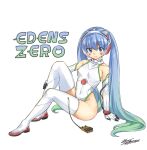  1girl bangs bare_shoulders blue_eyes blue_hair bodysuit breasts cable cellphone closed_mouth collarbone copyright_name covered_navel detached_sleeves eden&#039;s_zero full_body gloves gradient_hair green_hair hair_between_eyes hairband headset hermit_(eden&#039;s_zero) highleg highleg_leotard highres leotard long_hair looking_at_viewer mashima_hiro multicolored_hair official_art phone shiny shiny_hair signature silver_hairband sitting small_breasts solo very_long_hair white_background white_gloves 