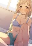  1girl :o aqua_shorts blonde_hair blue_bra blush bra breasts brown_eyes collarbone commentary_request eyebrows_visible_through_hair female_pubic_hair highres idolmaster idolmaster_shiny_colors looking_at_viewer medium_breasts navel pubic_hair pussy sakuragi_mano seneto short_hair shorts sitting solo spread_pussy unbuttoned unbuttoned_shorts underwear 