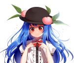  1girl bangs black_headwear blouse blue_hair blush bow buttons closed_mouth collar eyebrows_visible_through_hair fingers_together food frills fruit hands_up hat highres hinanawi_tenshi kimautomne leaf long_hair looking_at_viewer peach puffy_short_sleeves puffy_sleeves red_bow red_eyes red_neckwear shaded_face short_sleeves simple_background solo touhou white_background white_blouse white_collar white_sleeves 