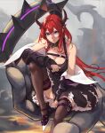  1girl absurdres arknights black_dress collar demon_girl dress giant_hand high_heels highres long_hair looking_at_viewer purple_eyes red_hair sitting slit_pupils spiked_collar spikes surtr_(arknights) thighhighs vincent_ky 
