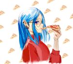  1girl absurdres blue_eyes blue_eyeshadow blue_hair cropped_torso earrings eating eyeshadow food from_side glasses hair_behind_ear highres holding holding_food holding_pizza jewelry makeup mole mole_under_mouth original parted_hair pizza red_sweater round_eyewear sweater upper_body yo_na_(yo_na_) 