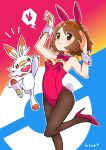  1girl :3 absurdres alternate_costume animal_ears arm_up bangs blush bob_cut bow bowtie breasts brown_eyes brown_hair brown_legwear bunny_ears bunny_tail closed_mouth commentary detached_collar eyebrows_visible_through_hair fake_animal_ears fake_tail gen_8_pokemon gloria_(pokemon) hand_up high_heels highres hiva+ leg_up leotard outline oversized_breast_cup pantyhose pink_footwear pink_leotard pink_neckwear playboy_bunny playboy_bunny_leotard pokemon pokemon_(creature) pokemon_(game) pokemon_swsh scorbunny short_hair small_breasts smile starter_pokemon strapless strapless_leotard tail wrist_cuffs 