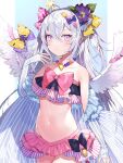  absurdres azusa_(blue_archive) blue_archive collarbone commentary_request flower hair_between_eyes hair_flower hair_ornament hair_ribbon hairclip halo highres jacket jewelry looking_at_viewer navel necklace ribbon shibainu silver_hair simple_background swimsuit wings 