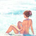  1girl a.x. back bare_arms bare_legs bikini blurry blurry_background breasts brown_hair commentary_request dated facing_away from_behind hair_bun large_breasts ocean original shoulder_blades sideboob sitting solo swimsuit thighs viewfinder waves wet white_bikini 