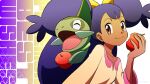  1girl apple axew bangs big_hair bitten_apple brown_eyes closed_mouth collarbone commentary_request copyright_name dark-skinned_female dark_skin eating eyelashes food food_bite fruit gen_5_pokemon hair_ornament hand_up highres holding holding_food holding_fruit iris_(pokemon) kuroki_shigewo long_hair looking_at_viewer pokemon pokemon_(anime) pokemon_(creature) pokemon_bw_(anime) purple_hair shirt smile two_side_up upper_body yellow_shirt 