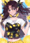  1girl bangs black_choker black_hair blue_eyes choker commentary_request earrings fate/stay_night fate_(series) food fruit hair_ribbon hands_up highres jewelry lemon lemon_slice long_hair midriff navel orange_(food) orange_slice parted_bangs ribbon shimatori_(sanyyyy) smile solo stomach teeth tohsaka_rin two_side_up 