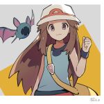  1girl bag black_wristband blue_shirt brown_eyes brown_hair bucket_hat clenched_hand closed_mouth eyelashes gen_1_pokemon hair_flaps hand_up hat highres leaf_(pokemon) long_hair looking_at_viewer messenger_bag pokemon pokemon_(creature) pokemon_(game) pokemon_frlg red_skirt shirt shoulder_bag skirt sleeveless sleeveless_shirt symbol_commentary toukashi_(2tou9) vs_seeker white_headwear wristband yellow_bag zubat 
