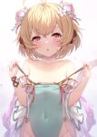  1girl ahoge andira_(granblue_fantasy) animal_ears bangs bare_shoulders blonde_hair blush bracelet breast_press breasts collarbone covered_navel crossed_bangs detached_sleeves dot_nose double_bun eyebrows_visible_through_hair flower granblue_fantasy hair_flower hair_ornament head_tilt highleg highres jewelry kimblee looking_at_viewer medium_hair monkey_ears parted_lips red_eyes revision small_breasts solo strap_pull tail upper_body white_background wide_sleeves 