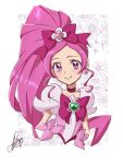  1girl artist_name blush bow choker commentary cure_blossom dress earrings eyelashes floral_background fpminnie1 hair_bow hair_ornament hanasaki_tsubomi happy heartcatch_precure! highres jewelry long_hair looking_at_viewer magical_girl pink_choker pink_dress pink_eyes pink_hair pink_ribbon ponytail precure puffy_short_sleeves puffy_sleeves ribbon short_sleeves signature sketch smile solo very_long_hair white_background wrist_cuffs 