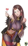  1girl alternate_costume aqua_eyes artist_logo bangs black_legwear black_nails blush bodystocking breasts brown_hair circlet closed_mouth commentary cosplay cowboy_shot detached_sleeves dorothea_arnault earrings english_commentary feather_trim fire_emblem fire_emblem:_three_houses fire_emblem_echoes:_shadows_of_valentia fire_emblem_heroes gold_trim heart jewelry large_breasts leaning_forward lips lipstick long_hair looking_at_viewer makeup nail_polish navel one_eye_closed pantyhose parted_bangs red_lips simple_background smile solo sonya_(fire_emblem) sonya_(fire_emblem)_(cosplay) stomach w.q.y white_background 