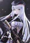  1girl assault_rifle bangs beret black_headwear blue_jacket breasts commentary_request facial_mark girls&#039;_frontline gloves green_eyes gun h&amp;k_hk416 hair_ornament hat hk416_(girls&#039;_frontline) holding holding_gun holding_weapon jacket long_hair long_sleeves looking_at_viewer nekoya_(liu) object_namesake parted_lips rifle signature silver_hair small_breasts solo trigger_discipline twitter_username very_long_hair weapon white_gloves 