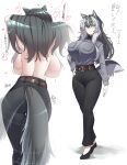  1girl animal_ears belt black_footwear black_pants breast_pocket brown_belt dog_ears dog_girl dog_tail from_behind full_body grey_hair grey_shirt heart highres konoshige_(ryuun) light_blue_eyes long_hair long_sleeves multicolored_hair multiple_views original pants pocket shirt shirt_tucked_in shoes sidelocks tail tail_wagging tented_shirt thought_bubble topless translation_request two-tone_hair 