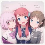  3girls :d ahoge asou_(asabu202) bangs blue_eyes bow bowtie breasts brown_hair character_name crossover eyebrows_visible_through_hair gridman_universe hair_over_shoulder jacket large_breasts long_hair long_sleeves looking_at_viewer medium_breasts military military_uniform minamoto_sakura multiple_girls open_mouth purple_hair red_eyes red_hair ronye_arabel school_uniform shinjou_akane shirt short_hair small_breasts smile ssss.gridman sword_art_online sword_art_online:_alicization two_side_up uniform upper_body zombie_land_saga 