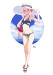  1girl ball bangs bare_shoulders beachball bikini black_bikini blue_sky blush breasts cleavage collarbone earrings fate/grand_order fate_(series) full_body hair_ribbon hat hibun_tsukasa highres jewelry kama_(fate) leaf_print long_hair looking_at_viewer navel red_eyes ribbon sandals silver_hair sky solo sun_hat swimsuit white_headwear 