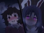  2girls animal_ear_fluff animal_ears blush breasts brown_hair bunny_ears cleavage collarbone commentary commentary_request eyebrows_visible_through_hair female_pov glowing glowing_eyes heavy_breathing inaba_tewi indoors long_hair multiple_girls nose_blush open_mouth pajamas pov purple_eyes purple_hair red_eyes reisen_udongein_inaba sexually_suggestive shirosato short_hair smile sweat touhou upper_teeth you_gonna_get_raped yuri 