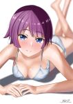  1girl absurdres bangs barefoot blue_eyes blurry blurry_background bra breasts cleavage closed_mouth collarbone eyebrows_visible_through_hair highres legs_up looking_at_viewer lying medium_breasts monogatari_(series) on_stomach panties print_bra print_panties purple_hair scissor_print senjougahara_hitagi shiny shiny_hair shiny_skin short_hair simple_background smile solo underwear underwear_only white_background white_bra white_panties yu-ip 