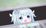  1girl :d ahoge amatsuka_uto blue_eyes blue_hair blush deyui dip-dyed_hair english_text eyebrows_visible_through_hair grass indie_virtual_youtuber it_(stephen_king) light_blue_hair multicolored_hair open_mouth outdoors parody sewer sewer_grate smile storm_drain two_side_up virtual_youtuber wing_hair_ornament 