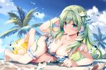  ball beach bikini blush clouds green_hair kochiya_sanae long_hair miyase_mahiro sky swimsuit touhou waifu2x 